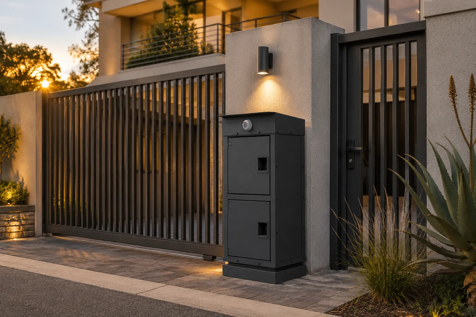 A MyCrate two-locker parcel vault mounted at the street boundary of a home at dusk