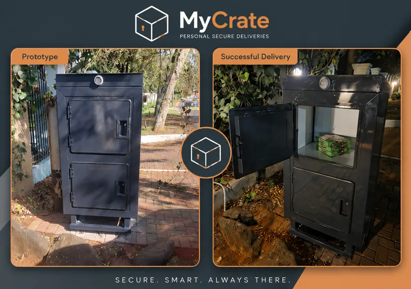 MyCrate's first installed unit: the prototype two-locker vault standing at a residential gate, and the same unit at night with its upper door open and parcels inside